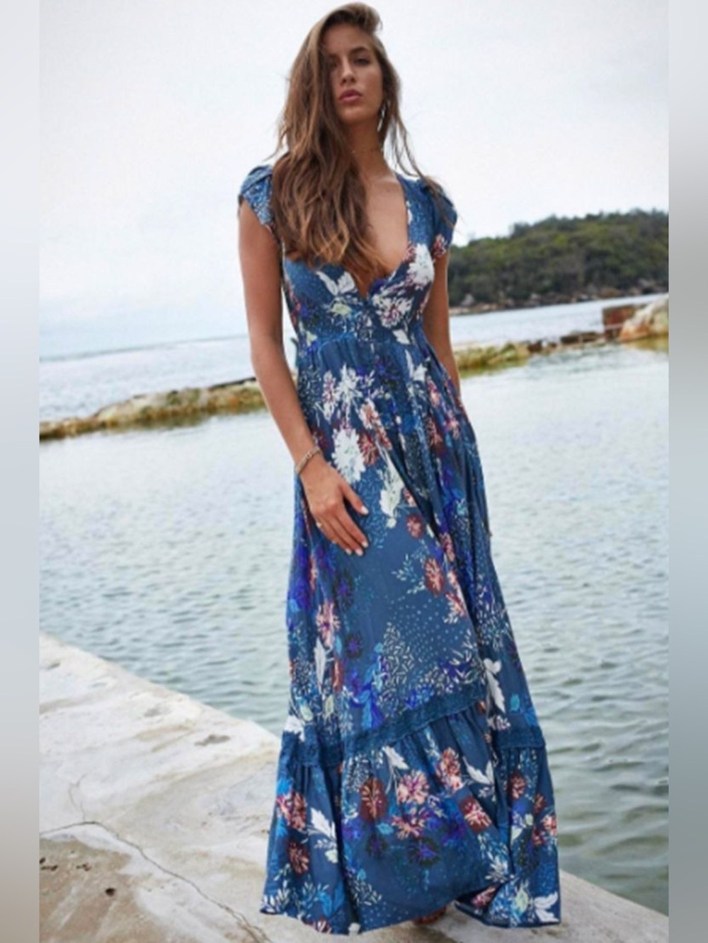 Jaase Blue Floral Boho Midi Dress Button Front Cottagecore‎ Rayon Women XS